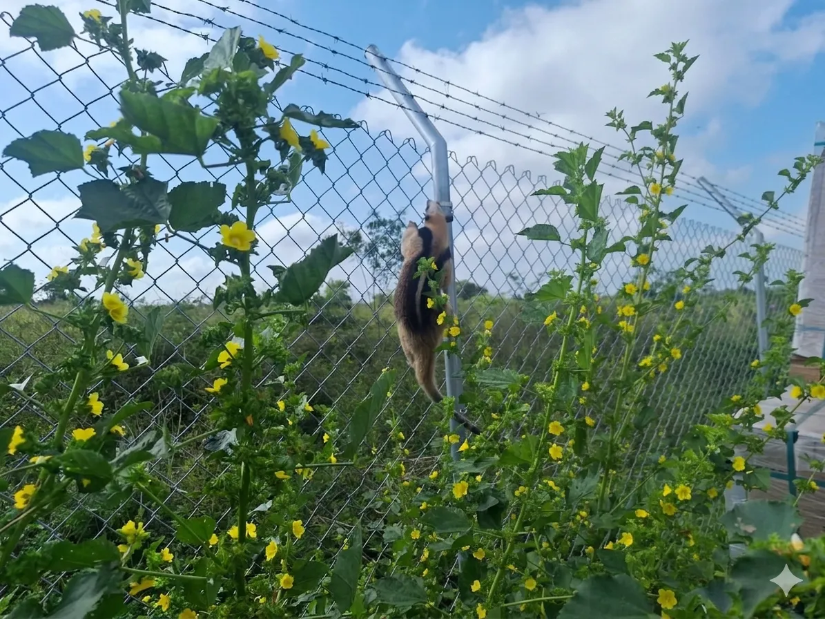Un oso melero o tamandúa trepando por una cerca de malla eslabonada en una minigranja de Solé.